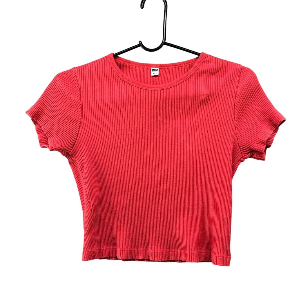 Uniqlo‎ Ribbed Cropped Short Sleeve T Shirt Womens S Pink Crewneck Stretch